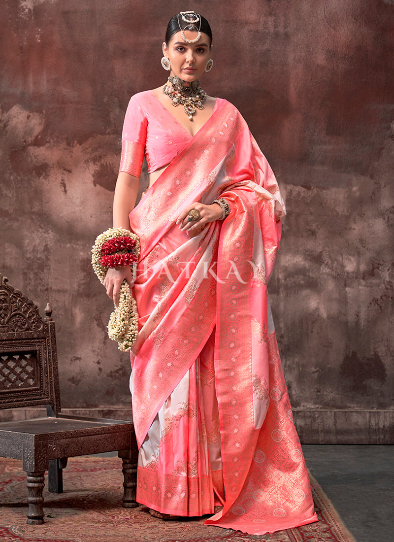Peach And Cream Silk Saree