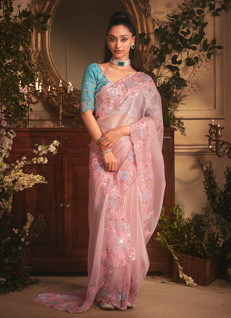 Pink And Firozi Traditional Saree