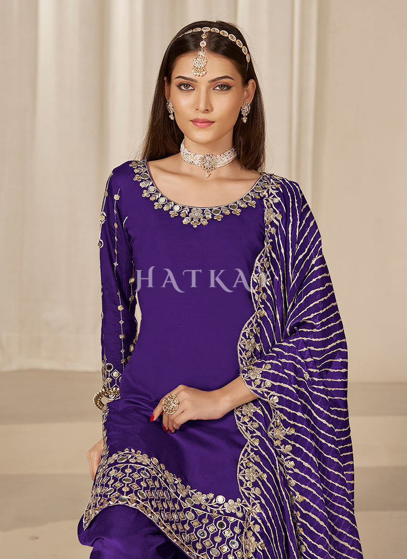 Purple Patiala Suit with Mirror Work