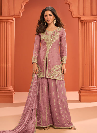 Rose Pink Handwork Embroidered Palazzo Suit
