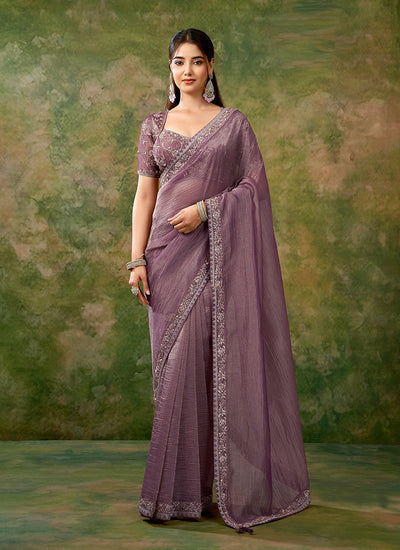Mauve Purple Embroidered Tissue Organza Saree