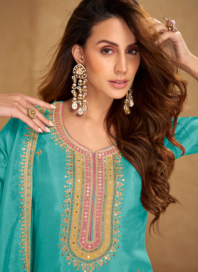Turquoise Multi Embroidery Punjabi Salwar Suit