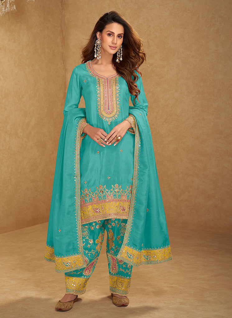 Turquoise Multi Embroidery Punjabi Salwar Suit