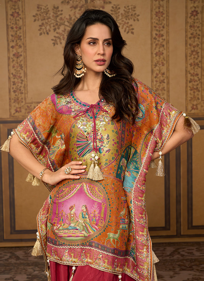 Rich Pink Embroidered Poncho and Farshi Salwar Set