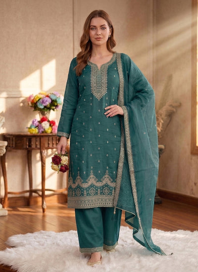 Teal Green Embroidered Straight Salwar Suit