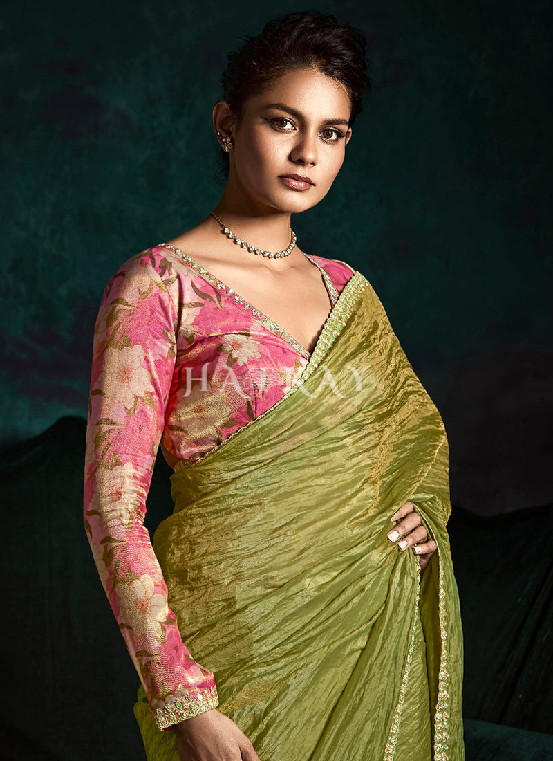Light Green And Pink Handwork Sari