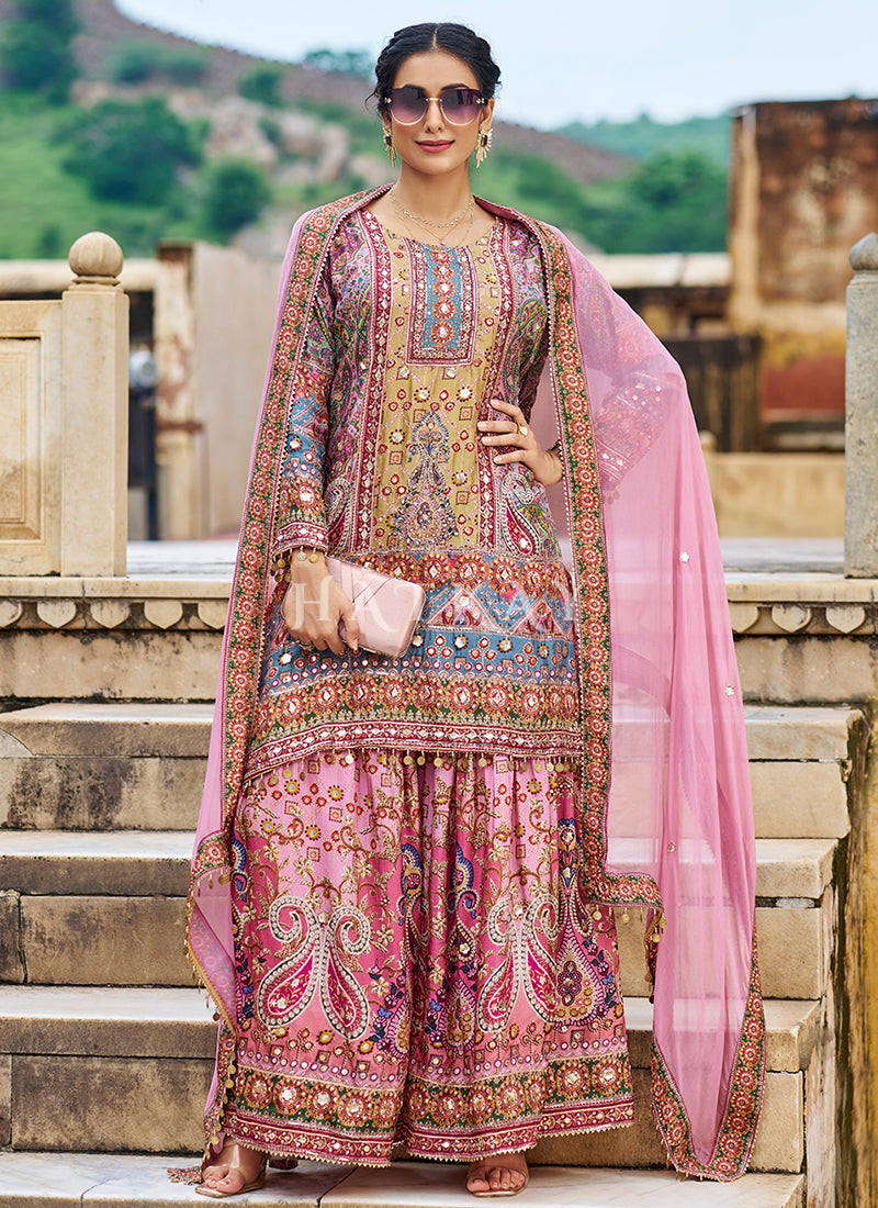 Pink Multicolored Sharara Style Palazzo Suit