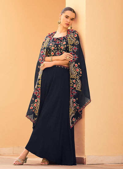 Dark Blue Indo Western Sharara Set