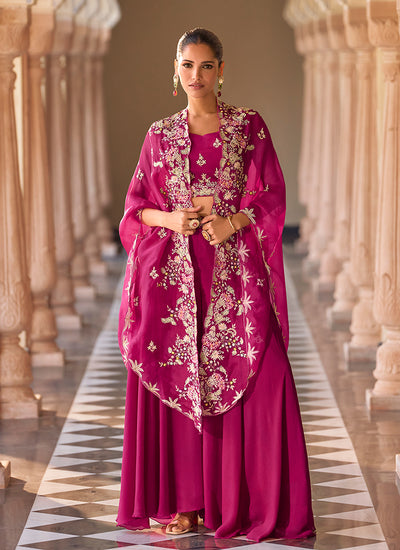 Magenta Pink Multi Embroidery Cape Style Sharara Set