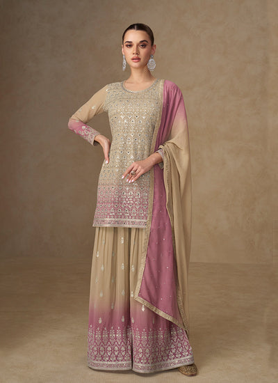 Beige Pink Ombré Embroidery Sharara Style Suit