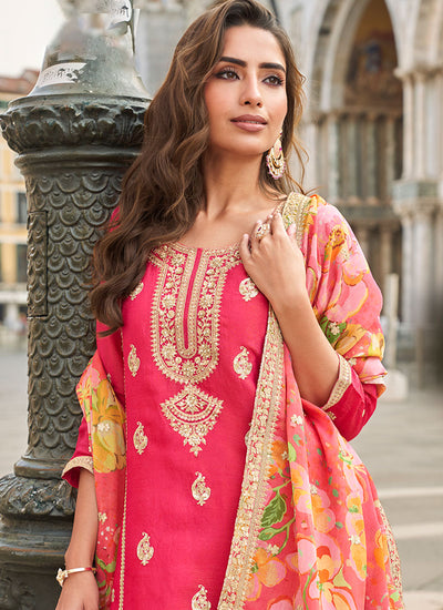 Bright Pink Embroidered Wedding Wear Sharara Suit