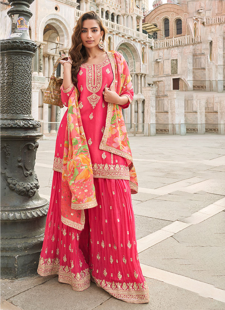 Bright Pink Embroidered Wedding Wear Sharara Suit