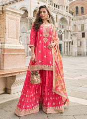 Bright Pink Embroidered Wedding Wear Sharara Suit