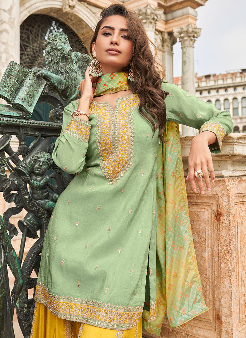 Sea Green And Yellow Embroidered Wedding Wear Sharara Suit