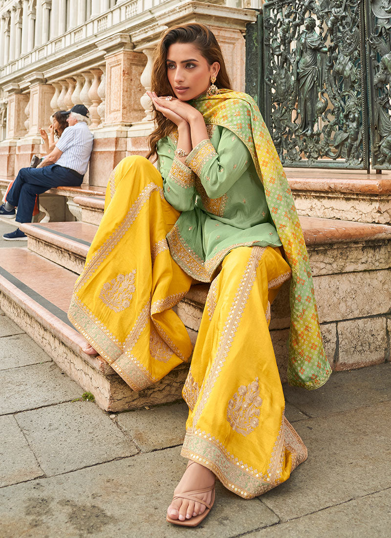Sea Green And Yellow Embroidered Wedding Wear Sharara Suit