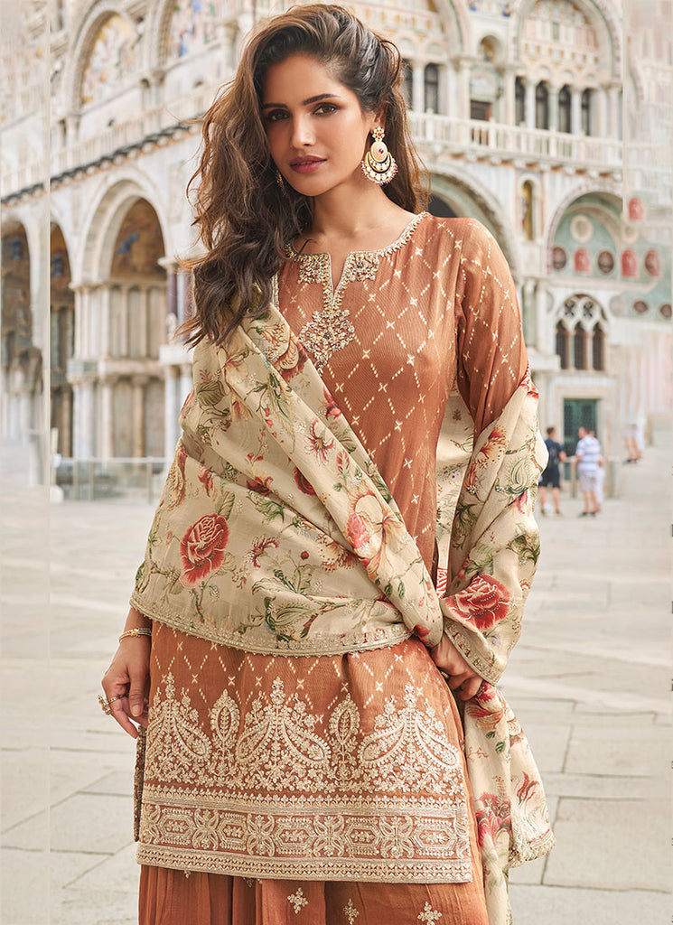 Rust Brown Embroidered Wedding Wear Sharara Suit