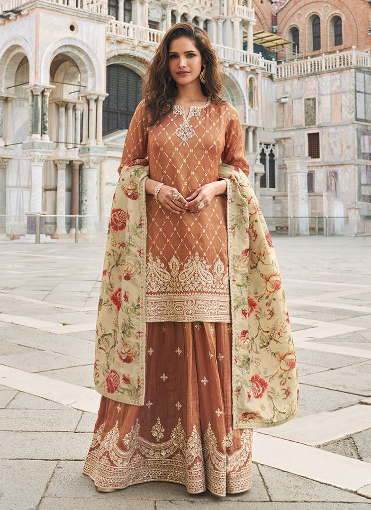 Rust Brown Embroidered Wedding Wear Sharara Suit