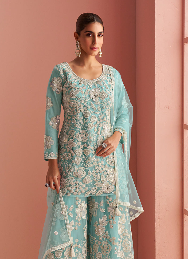 Firozi Blue Party Wear Sharara Suit In UK