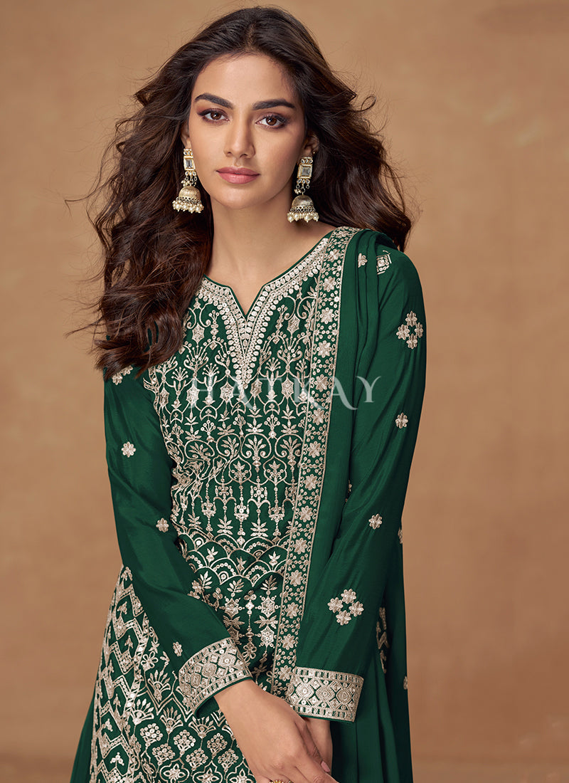 Buy Dark Green Mehendi Sharara Suit