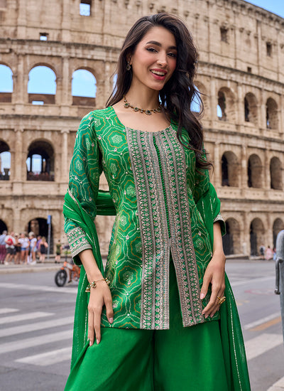Green Embroidery Chinnon Silk Sharara Suit