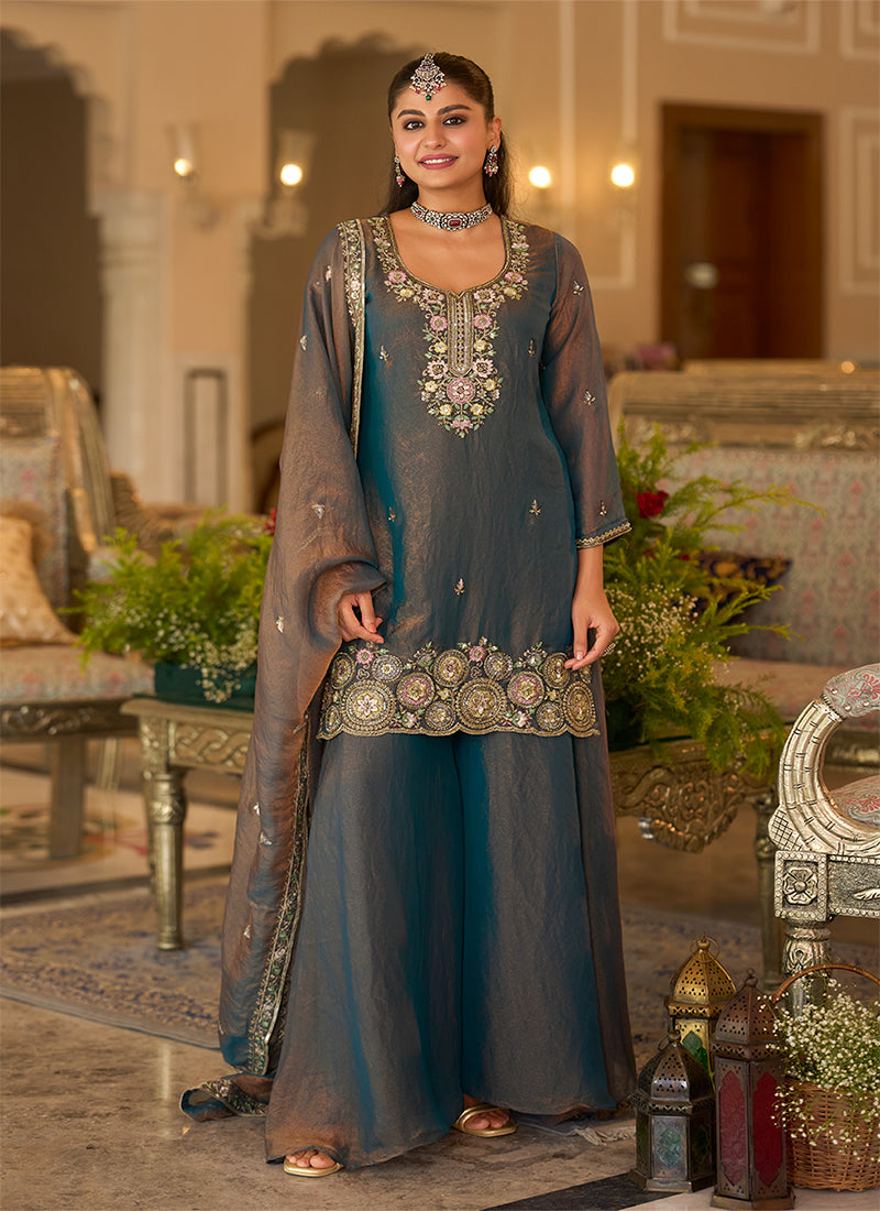 Buy Dusty Blue Silk Sharara Suit Online