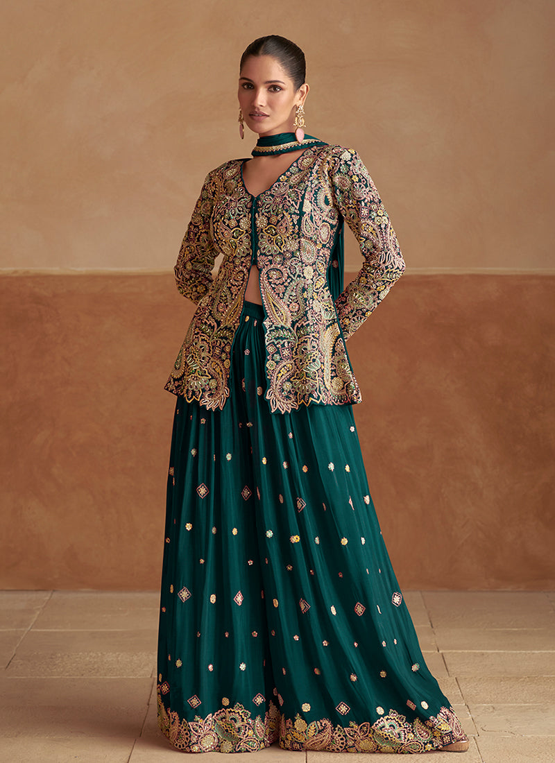 Dark Green Embroidered Jacket Style Sharara Suit xs Dark Green Embroidered Jacket Style Sharara Suit xs