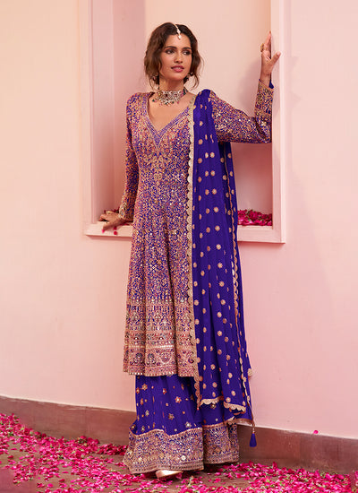 Violet Multi Embroidered Anarkali Sharara Suit