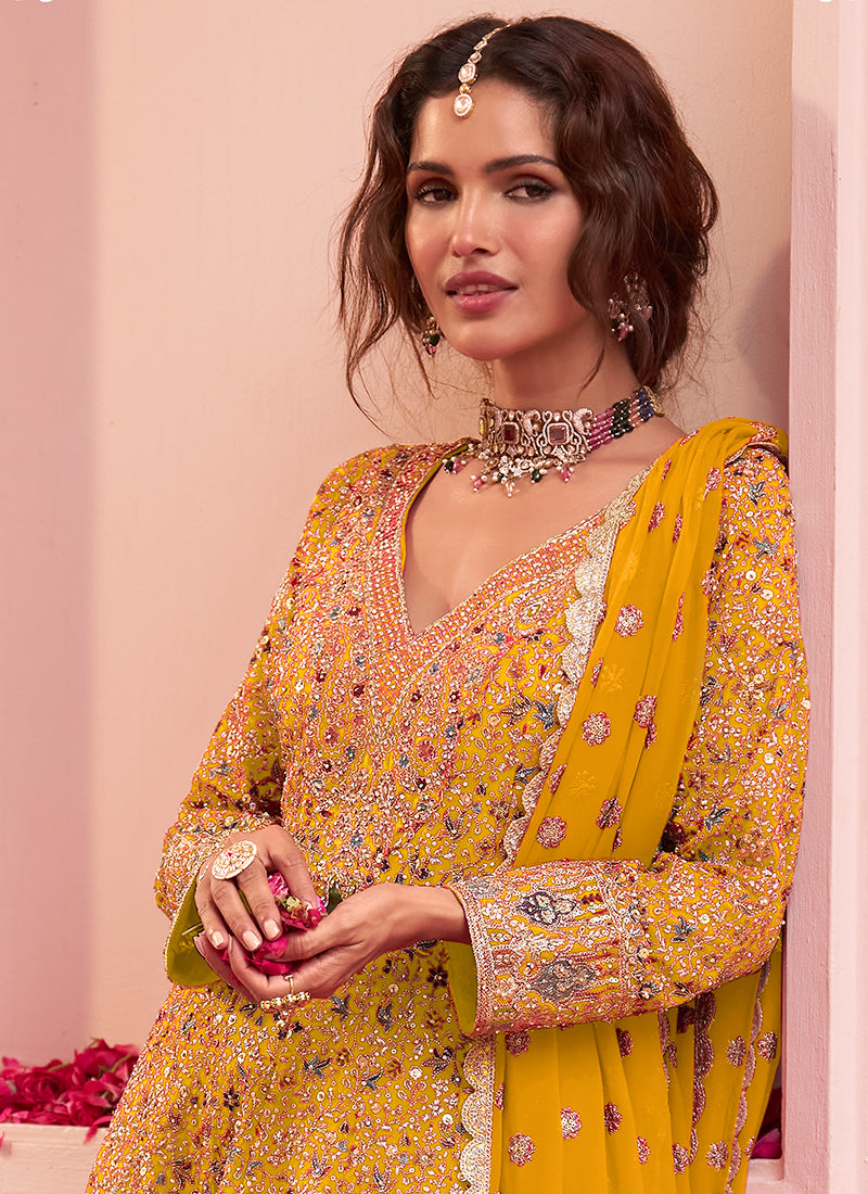 Buy Yellow Anarkali Sharara Suit In USA