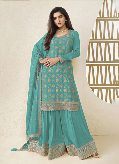 Turquoise Embroidered Sharara Style Suit