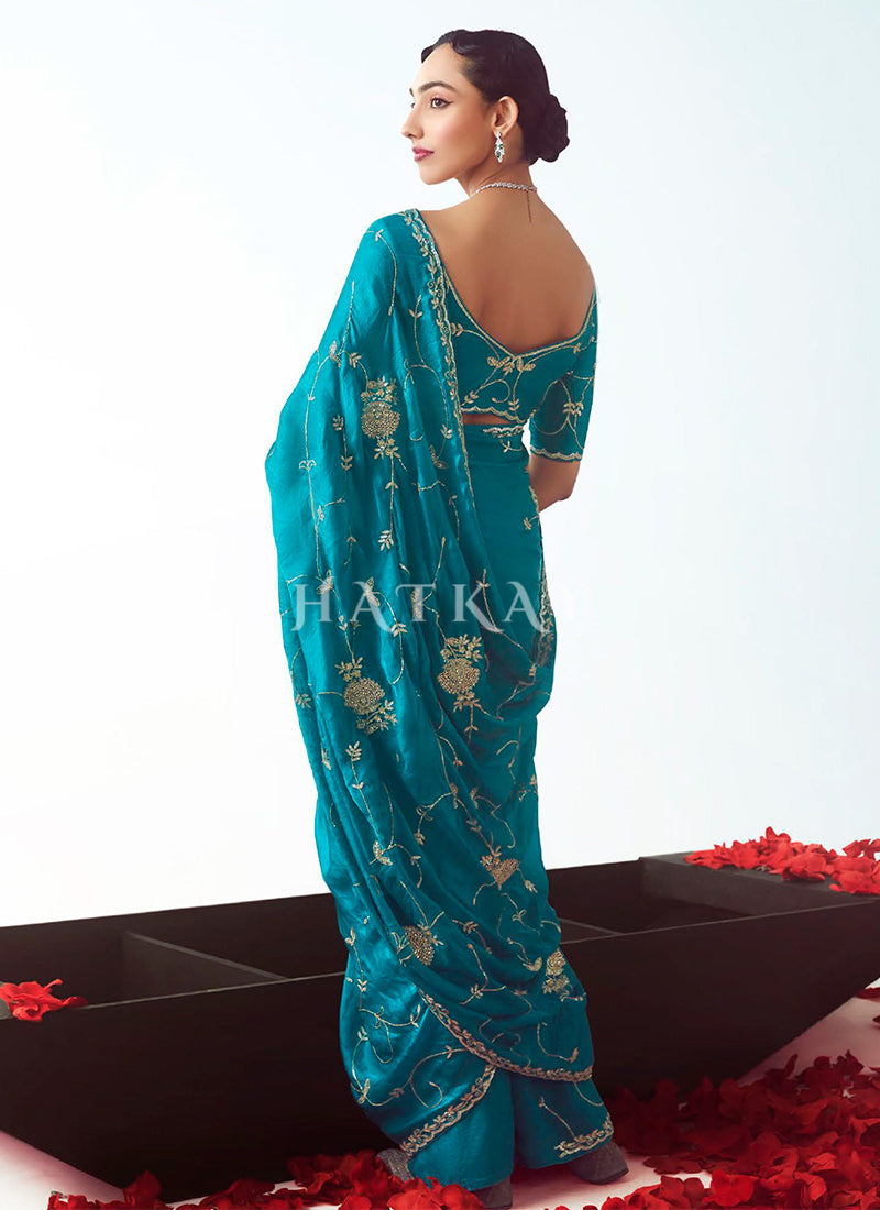 Buy Turquoise Saree For Reception