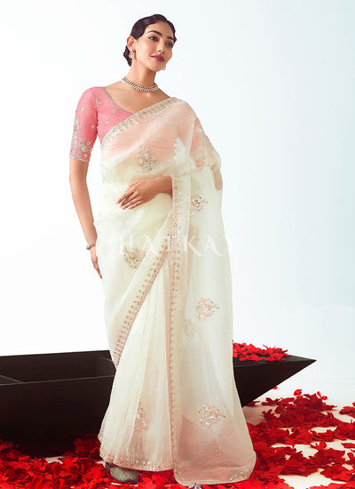 Off White And Coral Saree