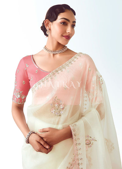 Buy Traditional Off White And Coral Saree In Cnada