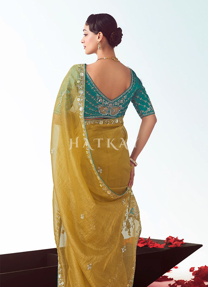 Buy Elegant Yellow And Teal Silk Saree In South Africa