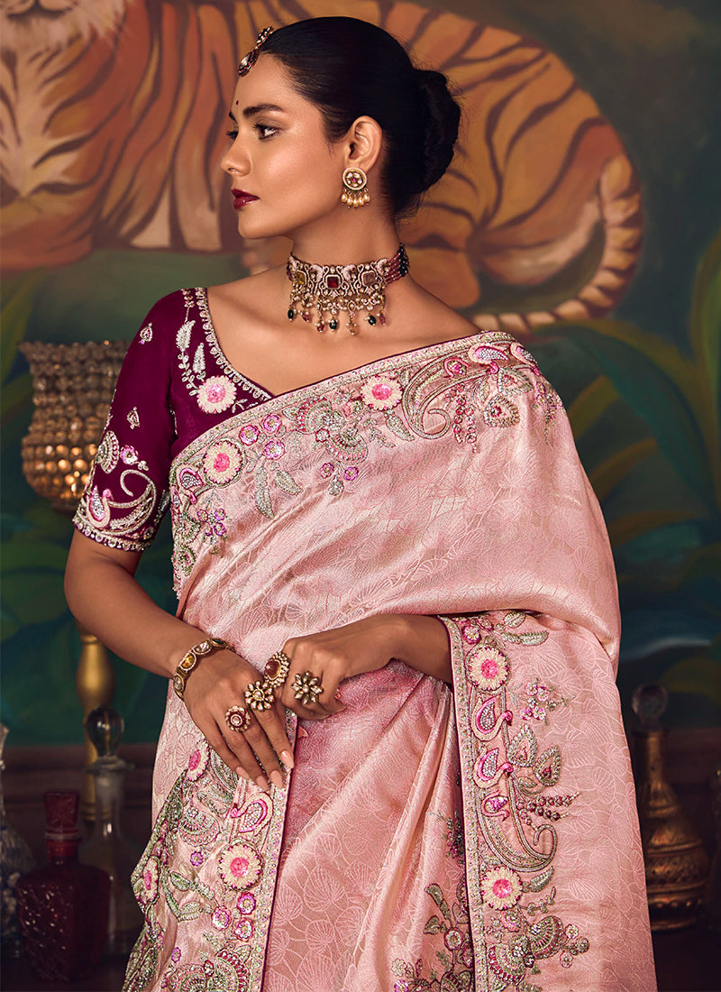 Light Pink And Wine Embroidered Fancy Silk Saree