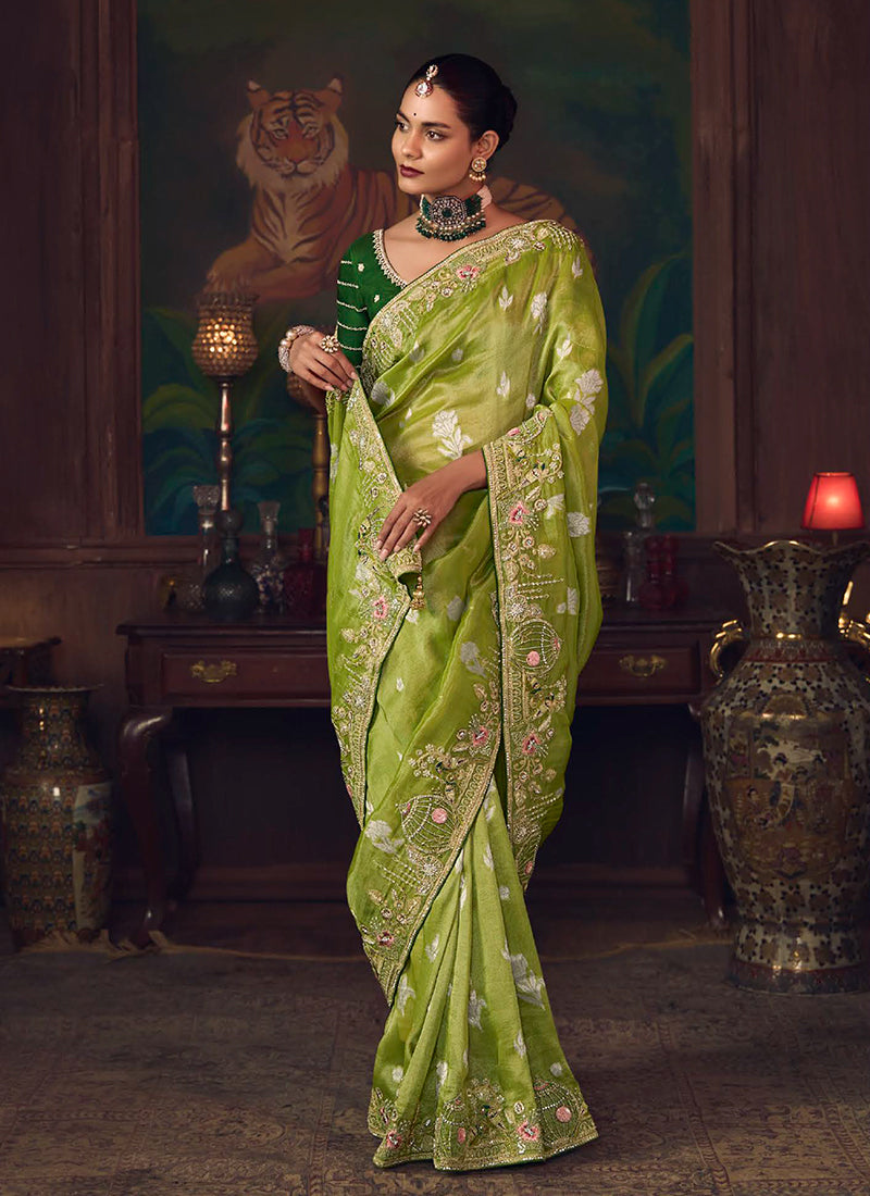 Green Two Tone Embroidered Fancy Silk Saree