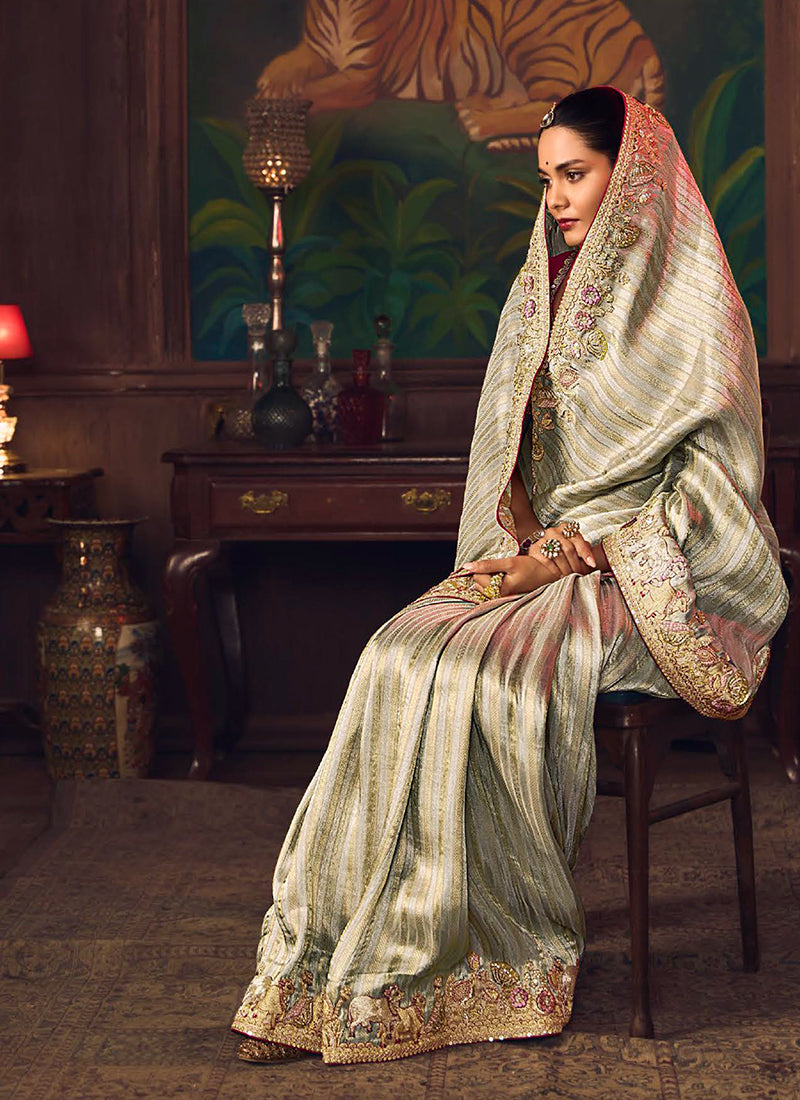 Green And Magenta Embroidered Fancy Silk Saree