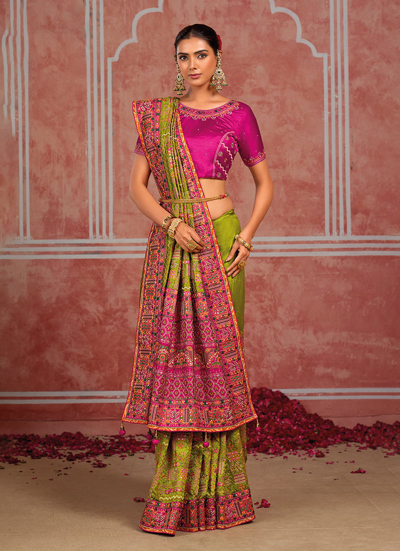 Shop Green And Pink Silk Silk Saree Online