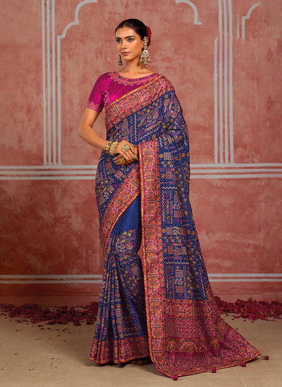 Navy Blue And Pink Kutchi Embroidered Pure Silk Saree