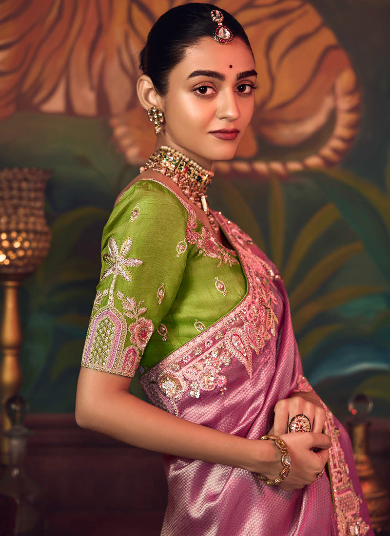 Mauve And Green Embroidered Fancy Silk Saree