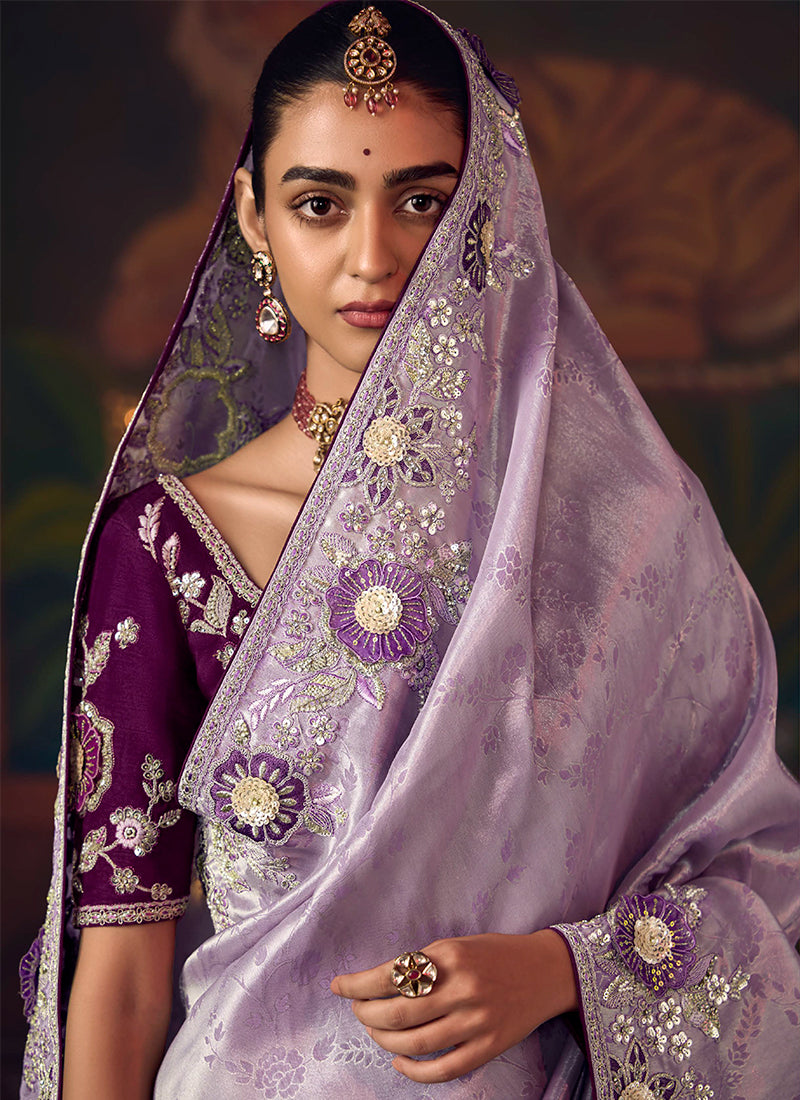 Purple And Wine Embroidered Fancy Silk Saree