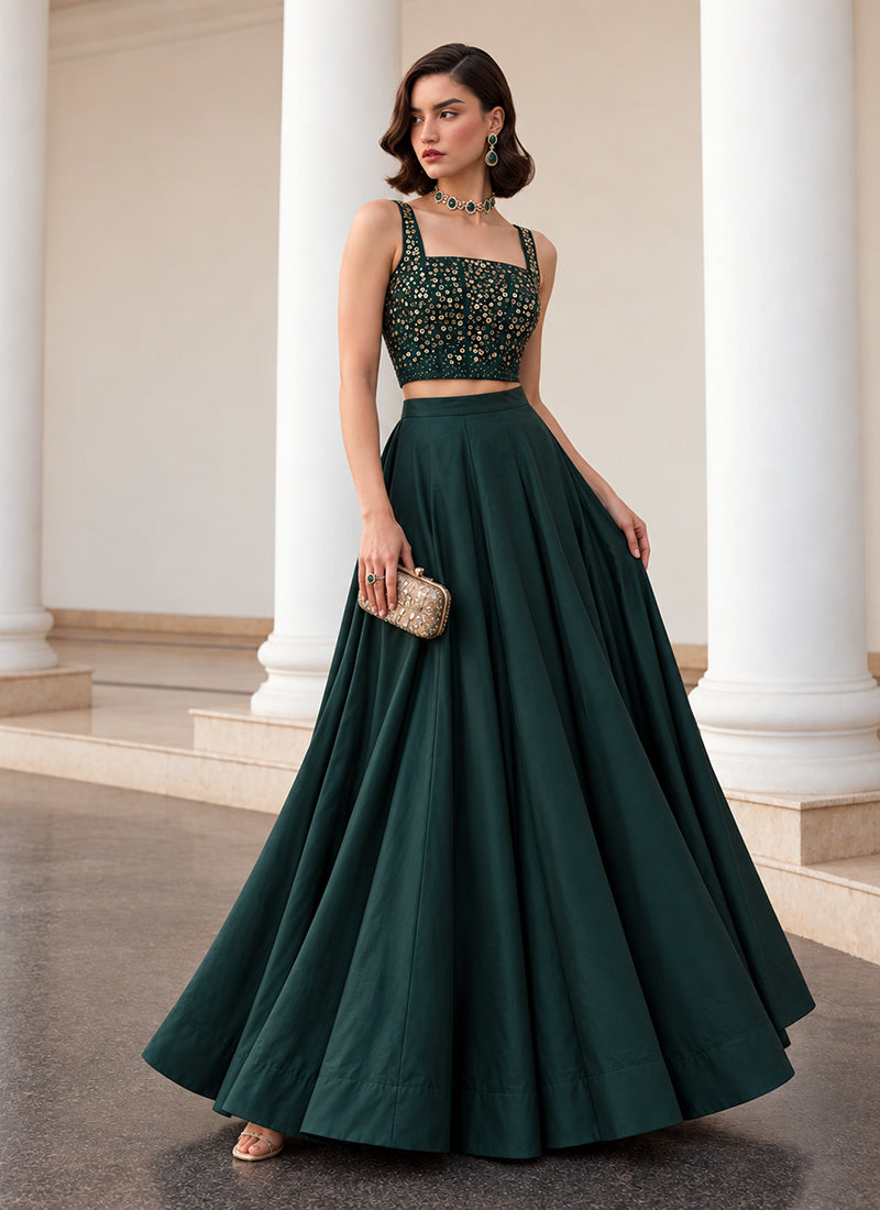 Emerald Green Embroidered Premium Silk Skirt Set