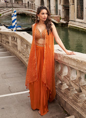 Orange Handwork Embellished Draped Skirt Set