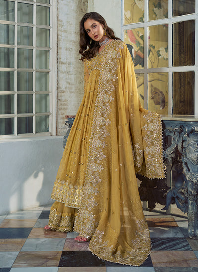 Shop Golden Yellow Anarkali Lehenga Set At Hatkay