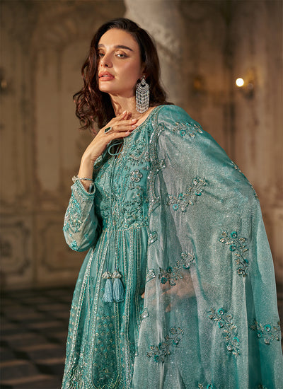 Aqua Teal Anarkali Suit Set For Women