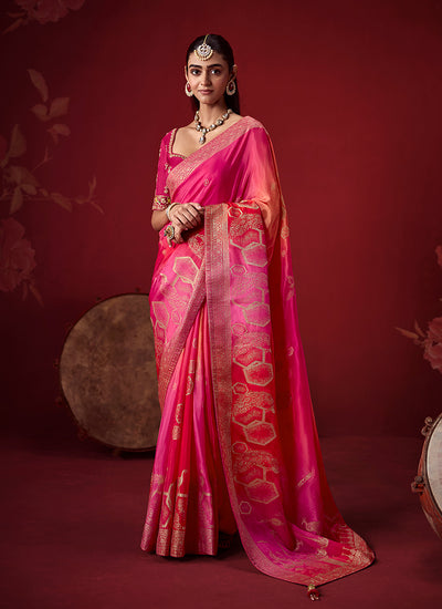 Magenta Orange Zari Woven Crepe Silk Saree