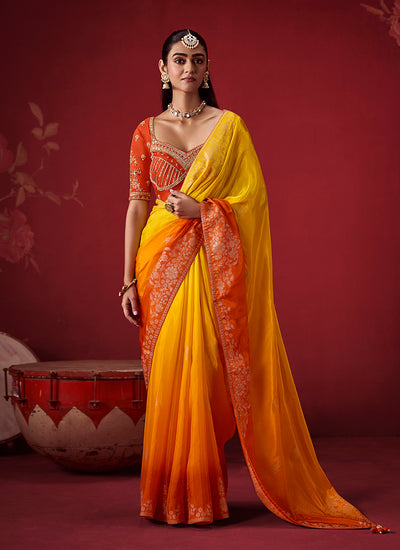 Orange Yellow Zari Woven Crepe Silk Saree