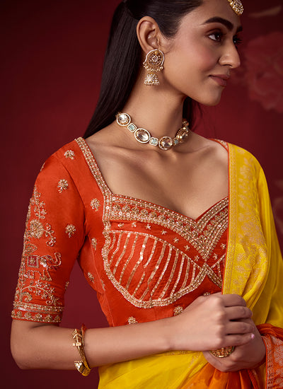 Buy Orange Yellow Crepe Silk Saree In Australia