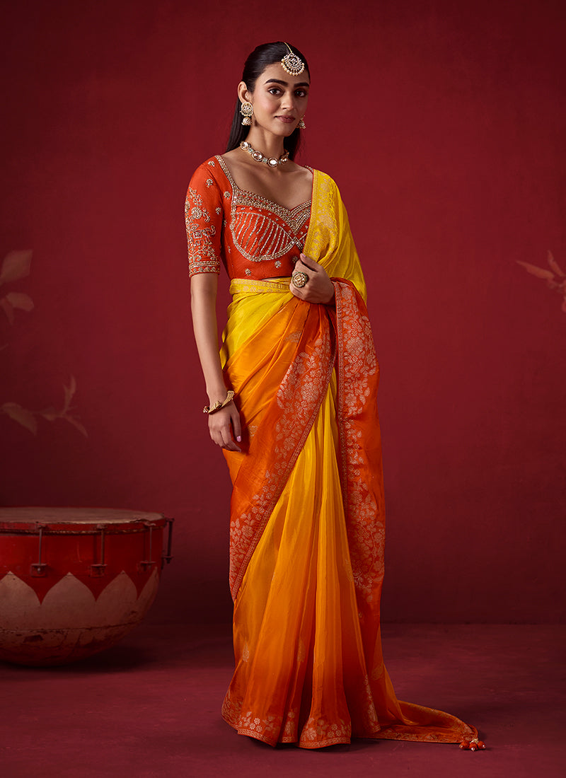 Shop Orange Yellow Zari Crepe Silk Saree In France
