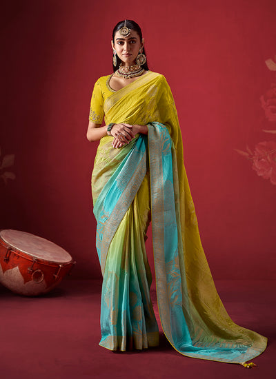 Yellow Teal Zari Woven Crepe Silk Saree