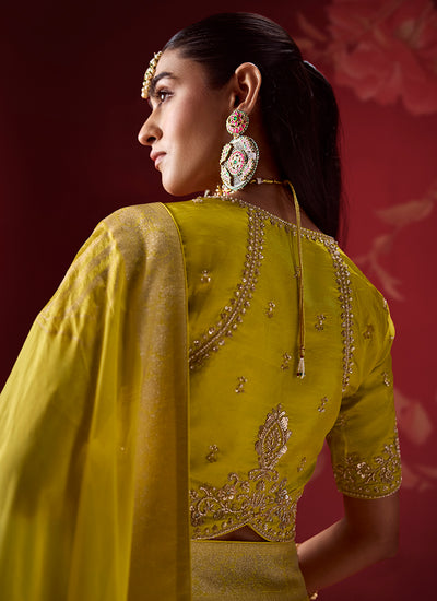 Buy Yellow Teal Zari Crepe Silk Sari In UAE